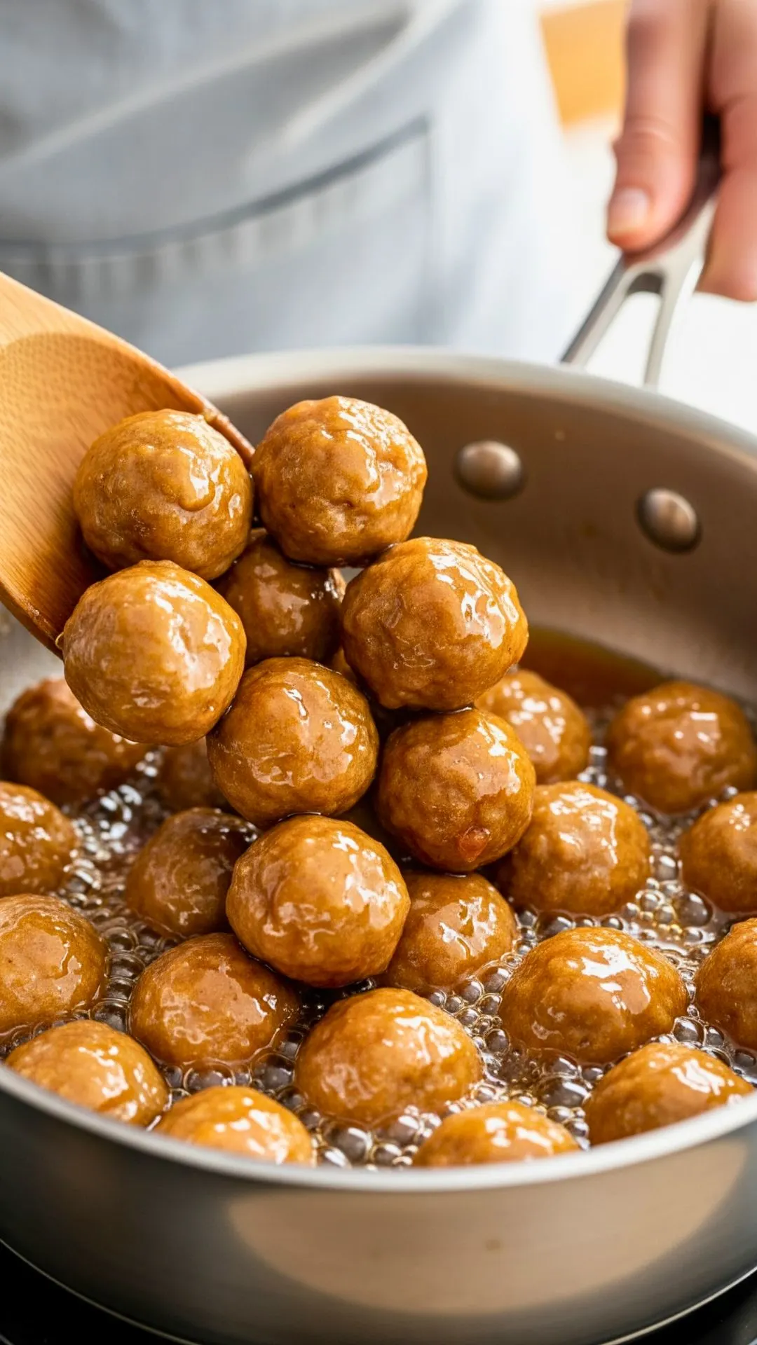 Tossing cooked chicken meatballs in thick honey lemon sauce in a skillet.