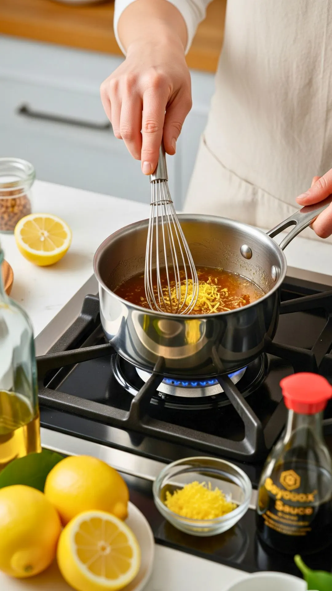 Whisking honey, lemon juice, and soy in a saucepan to make glossy honey lemon glaze.