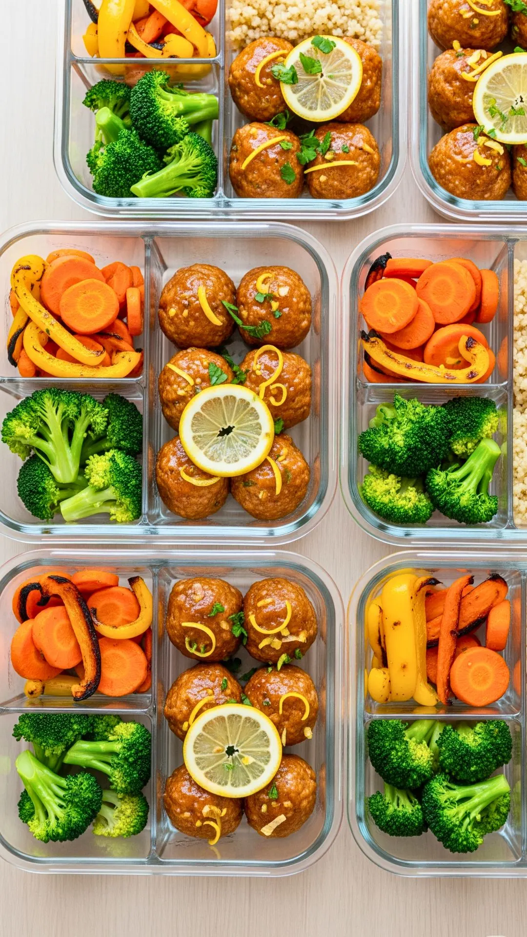 Meal prep containers filled with honey lemon chicken meatballs and vegetables.