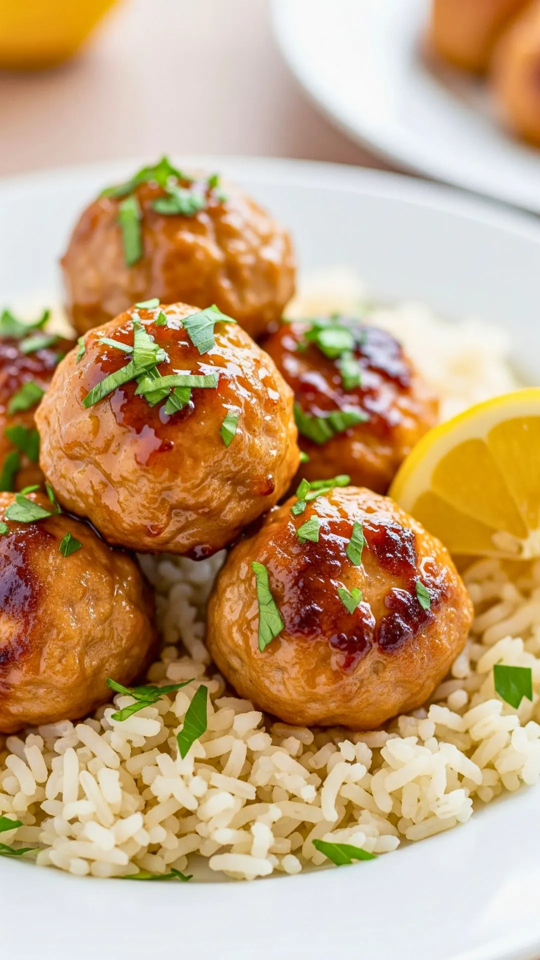Honey lemon chicken meatballs served over jasmine rice with lemon slices and parsley.