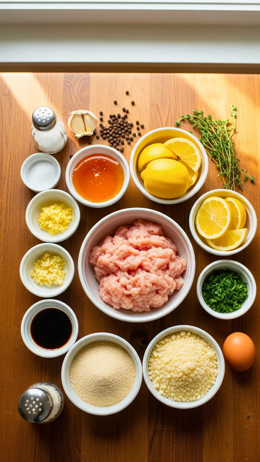 Ingredients laid out for honey lemon chicken meatballs: ground chicken, lemon, honey, parsley, egg, breadcrumbs.