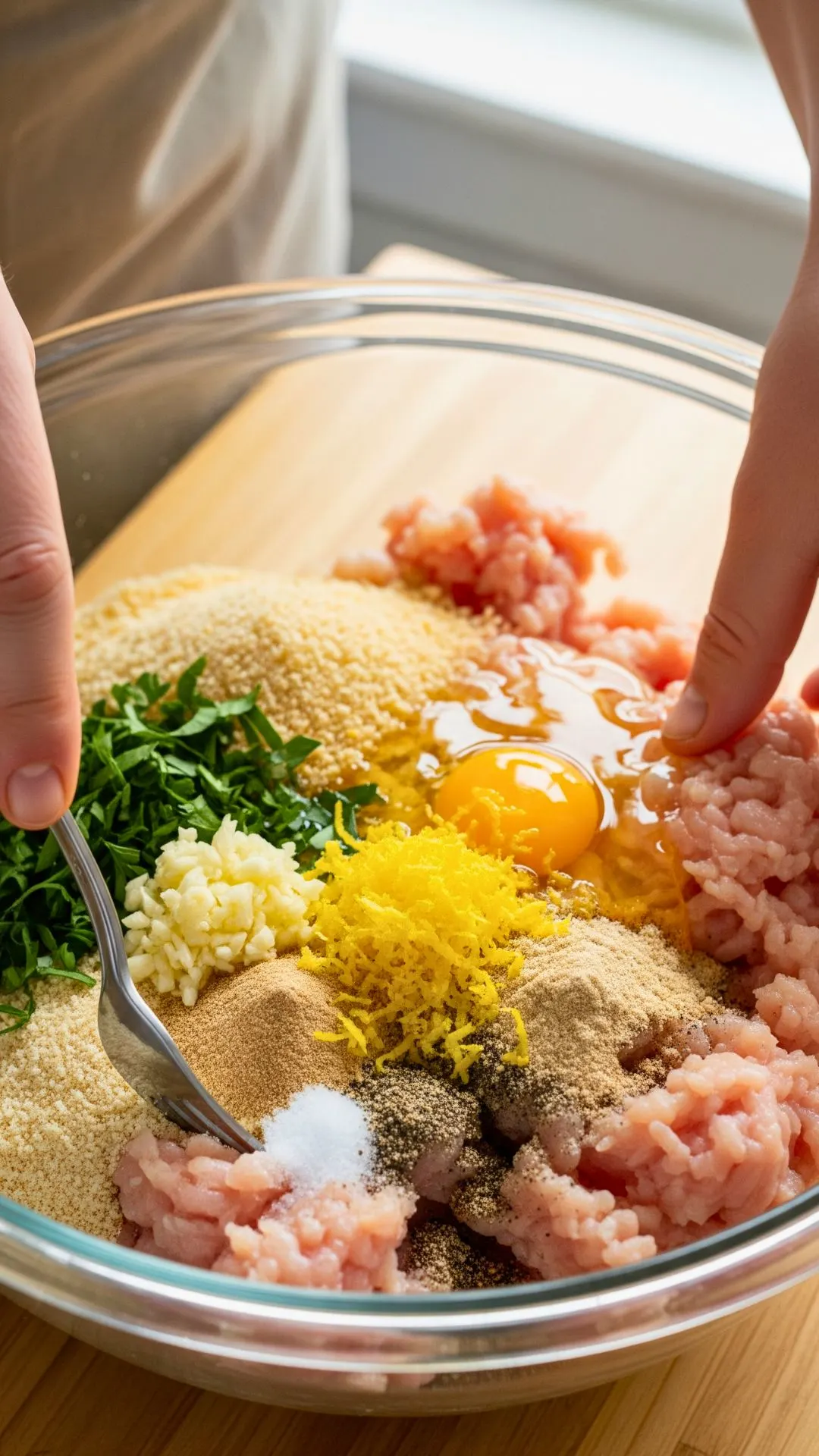 Mixing the chicken meatball base with garlic, parsley, lemon zest in a large bowl.