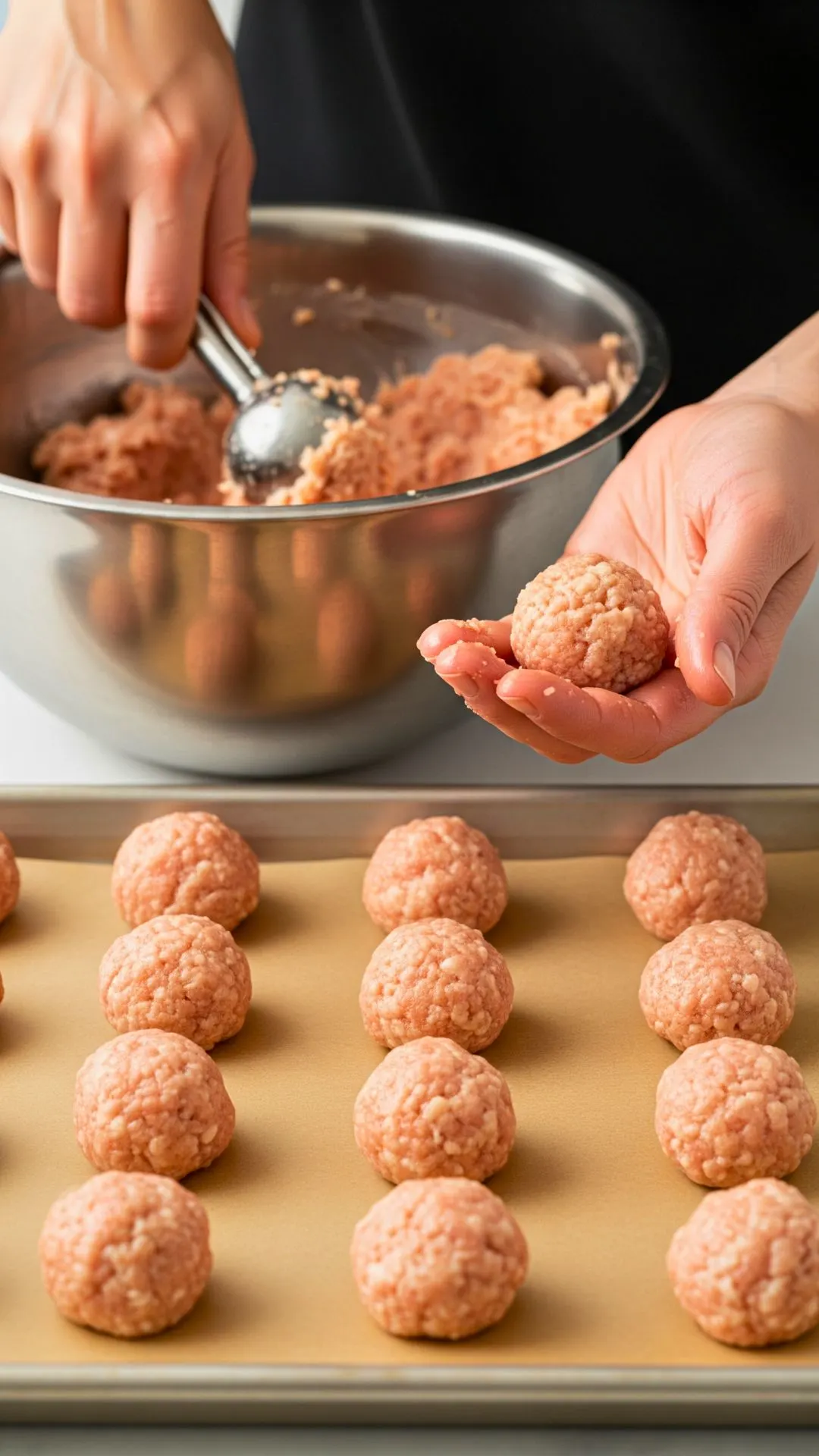 Portioning equal-sized chicken meatballs with a small scoop on a parchment-lined sheet.