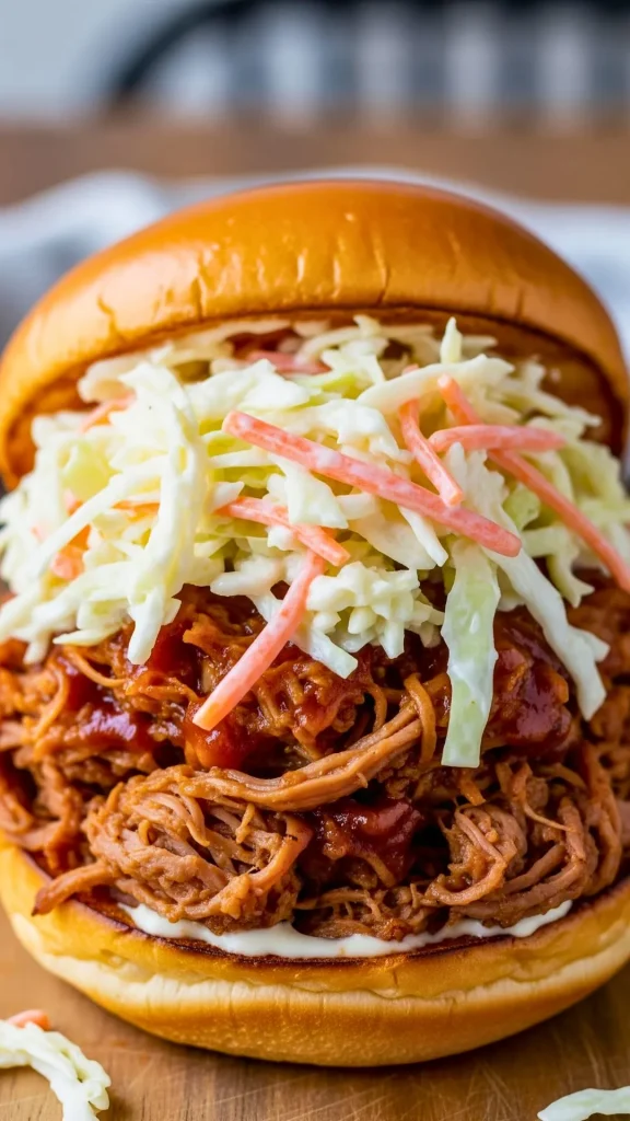 Pulled pork sandwich with creamy coleslaw on top