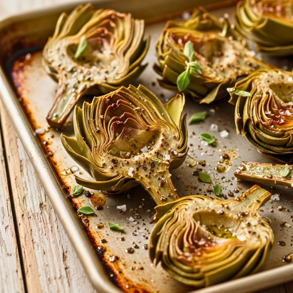 Roasted Artichoke Hearts on Baking Sheet