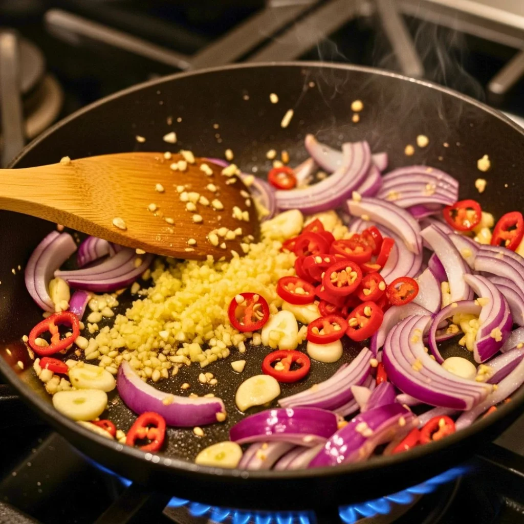 Garlic, ginger, and onions sautéing in pan