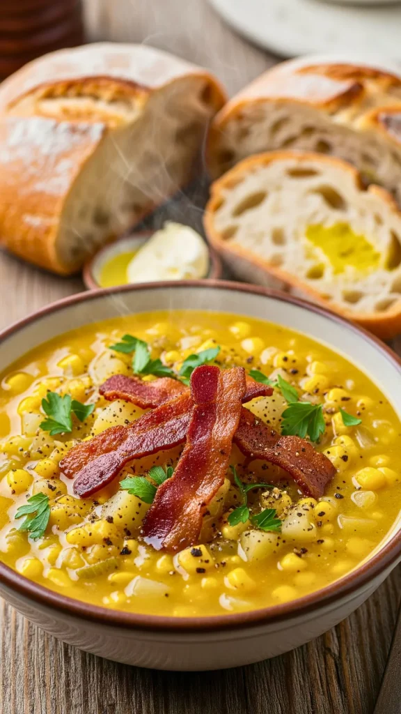 Serving corn chowder topped with crispy bacon and parsley