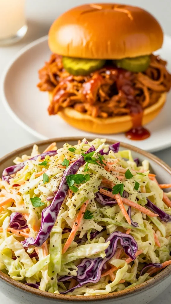 Serving creamy coleslaw as a BBQ side with pulled pork and brioche bun