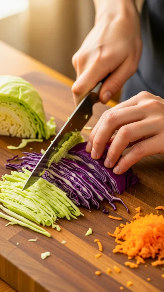 Finely shredded green and red cabbage with grated carrots for creamy coleslaw