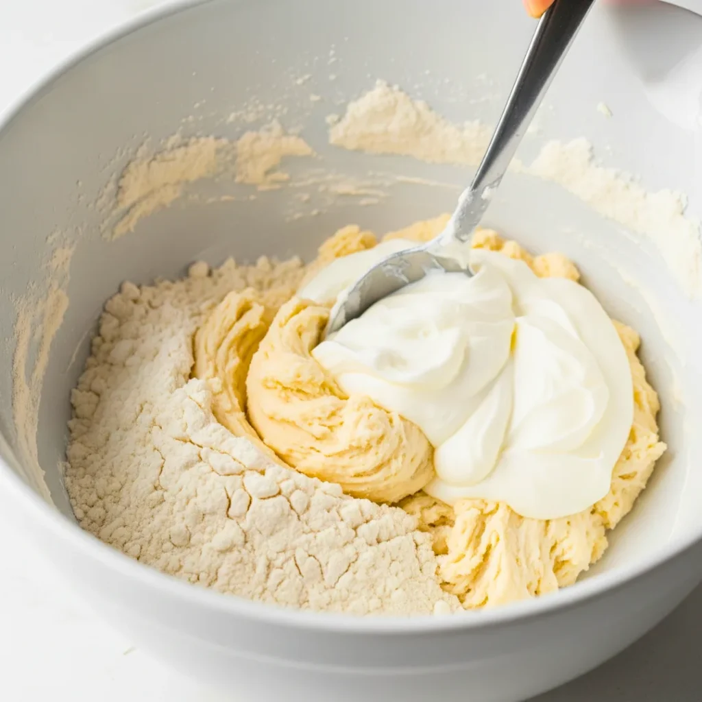 Mixing Greek yogurt and flour to make 2-ingredient dough