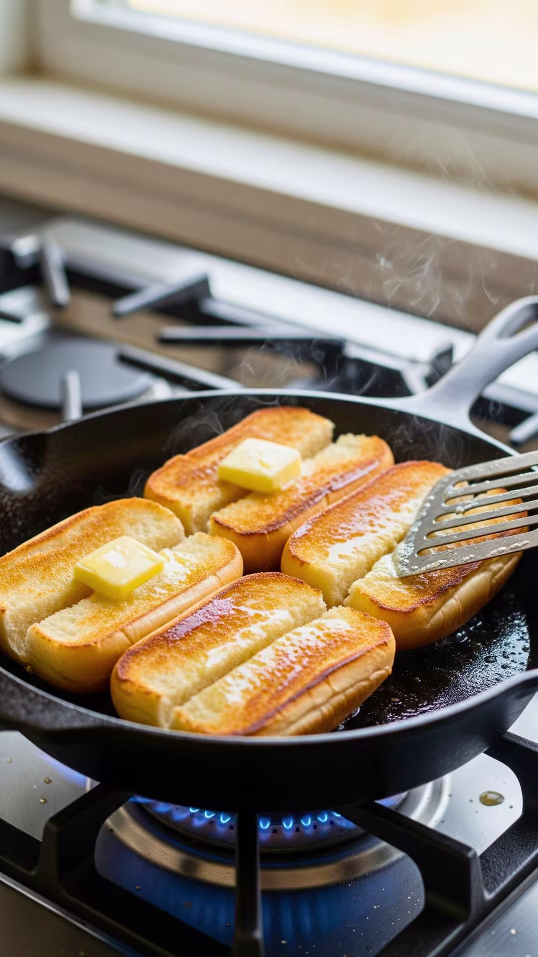 Toasting split top buns in a skillet