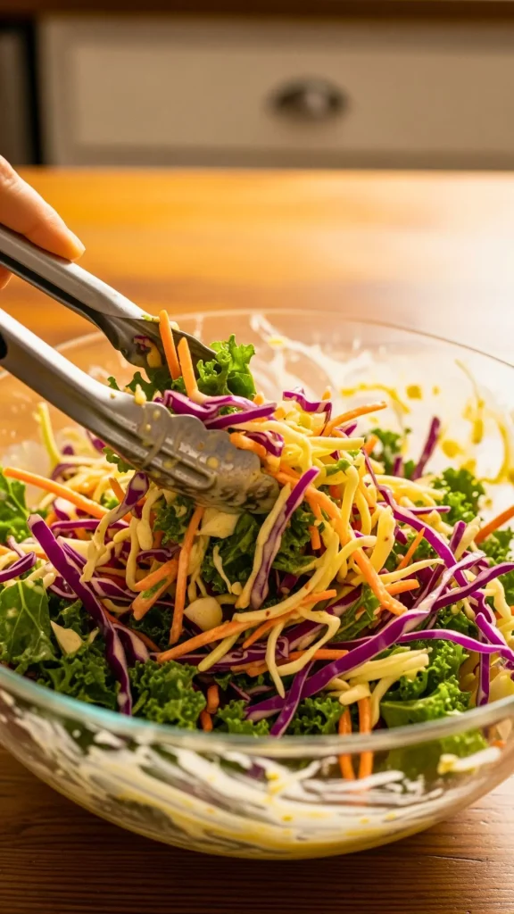 Tossing shredded cabbage and carrots with creamy coleslaw dressing