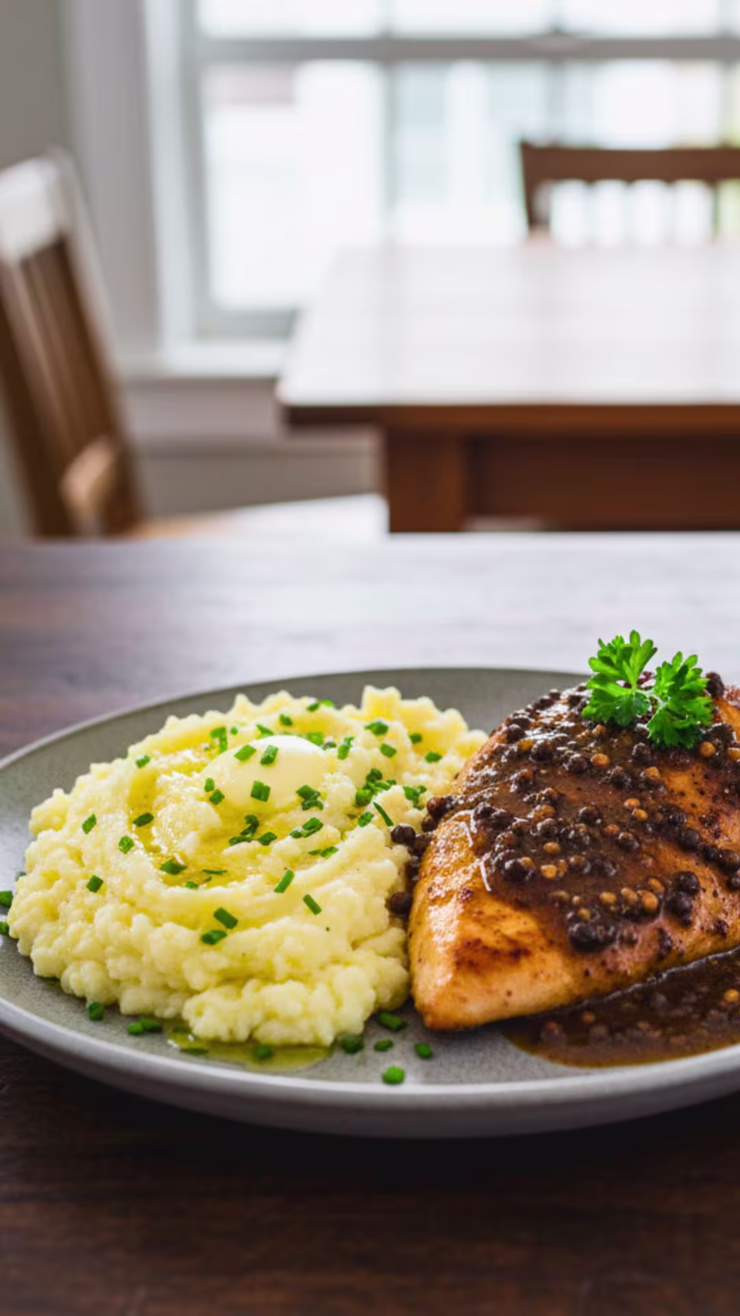 Cauliflower mash as a low-carb side for chicken au poivre