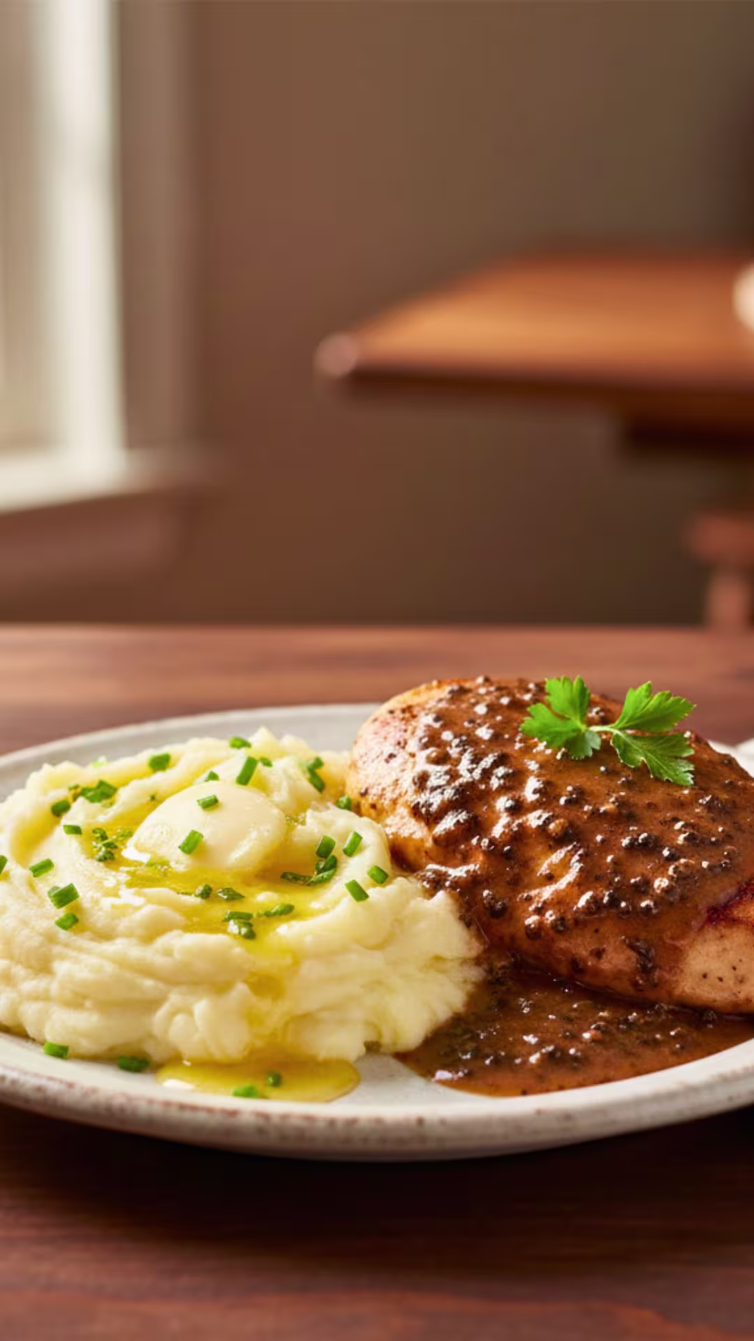 Creamy mashed potatoes served with chicken au poivre