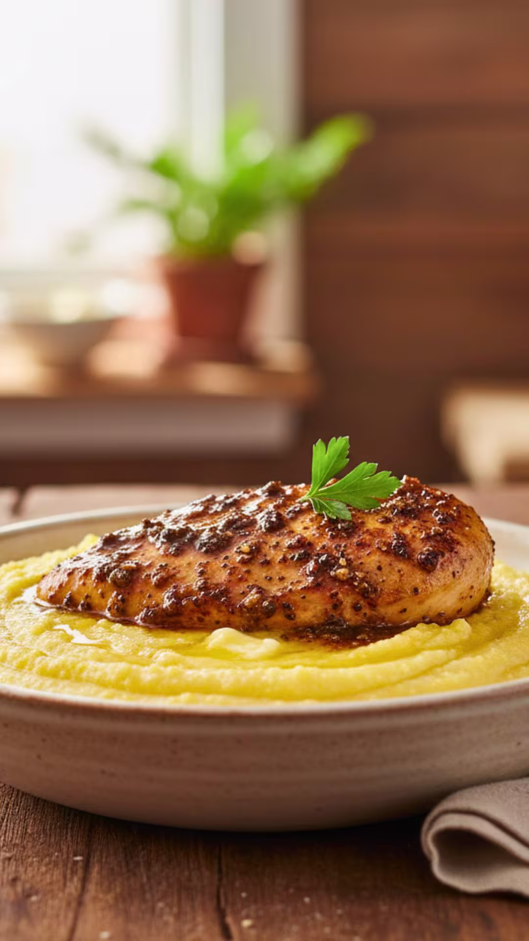 Creamy polenta with peppercorn sauce
