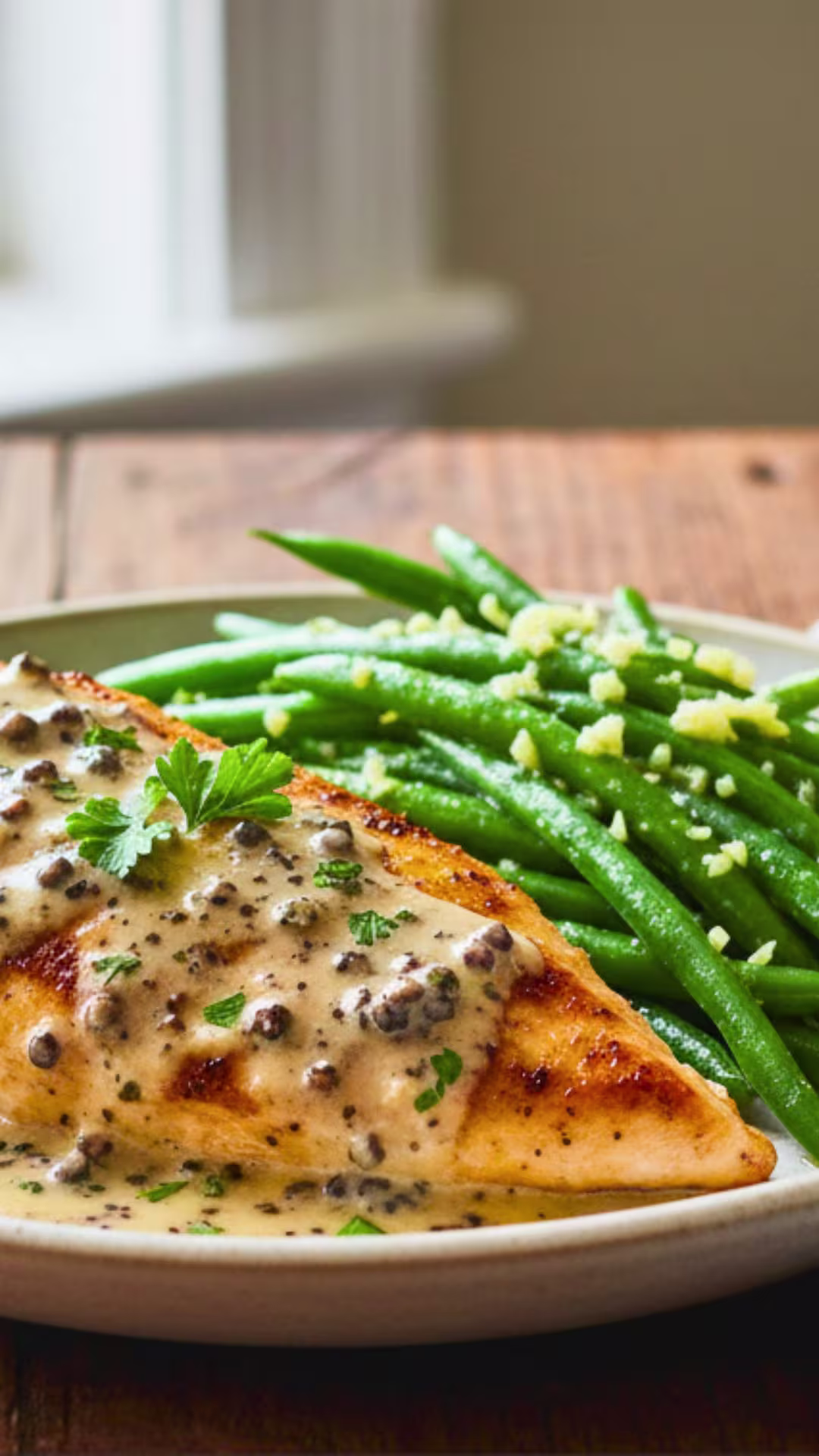 Garlic butter green beans with peppercorn chicken