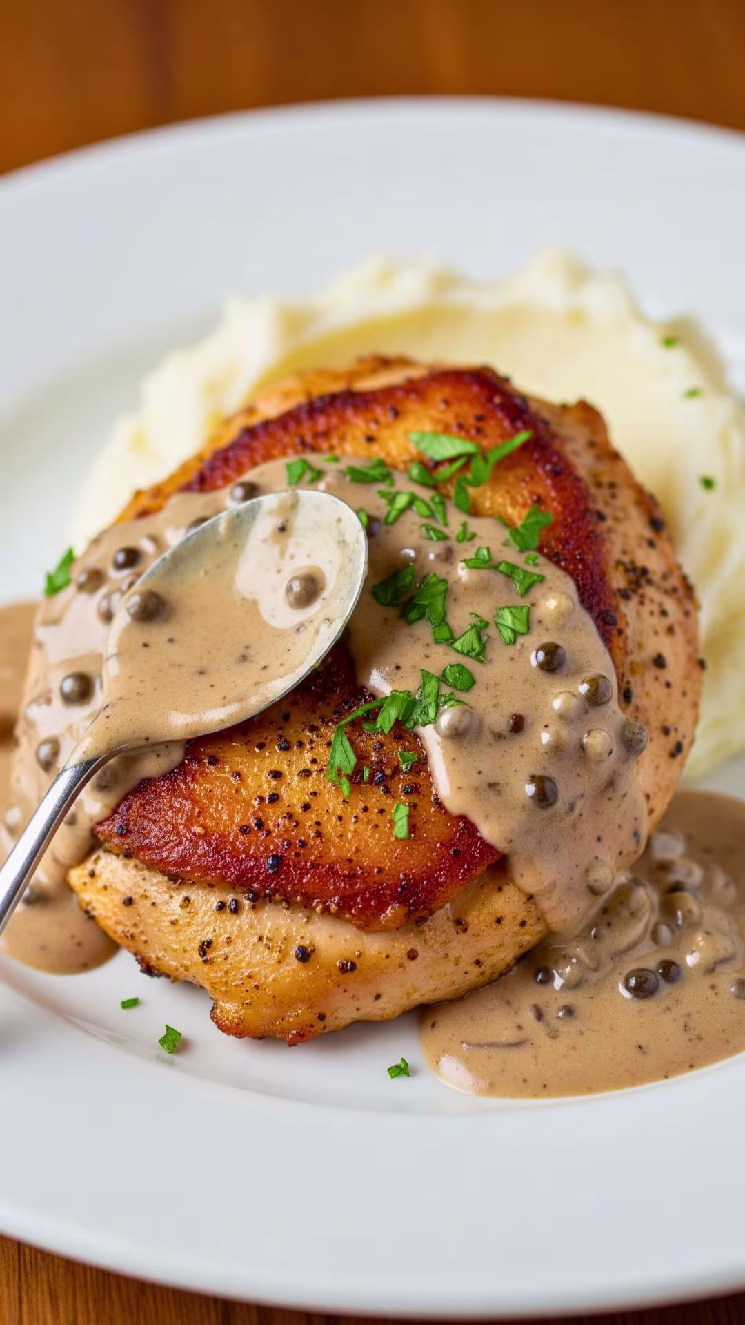 Plated chicken au poivre with garnish - creamy chicken recipe for date night