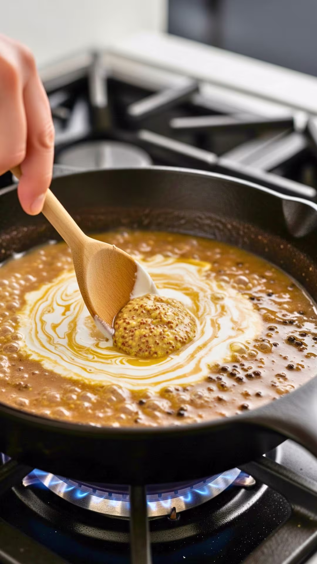 Creamy peppercorn sauce simmering - chicken au poivre cooking