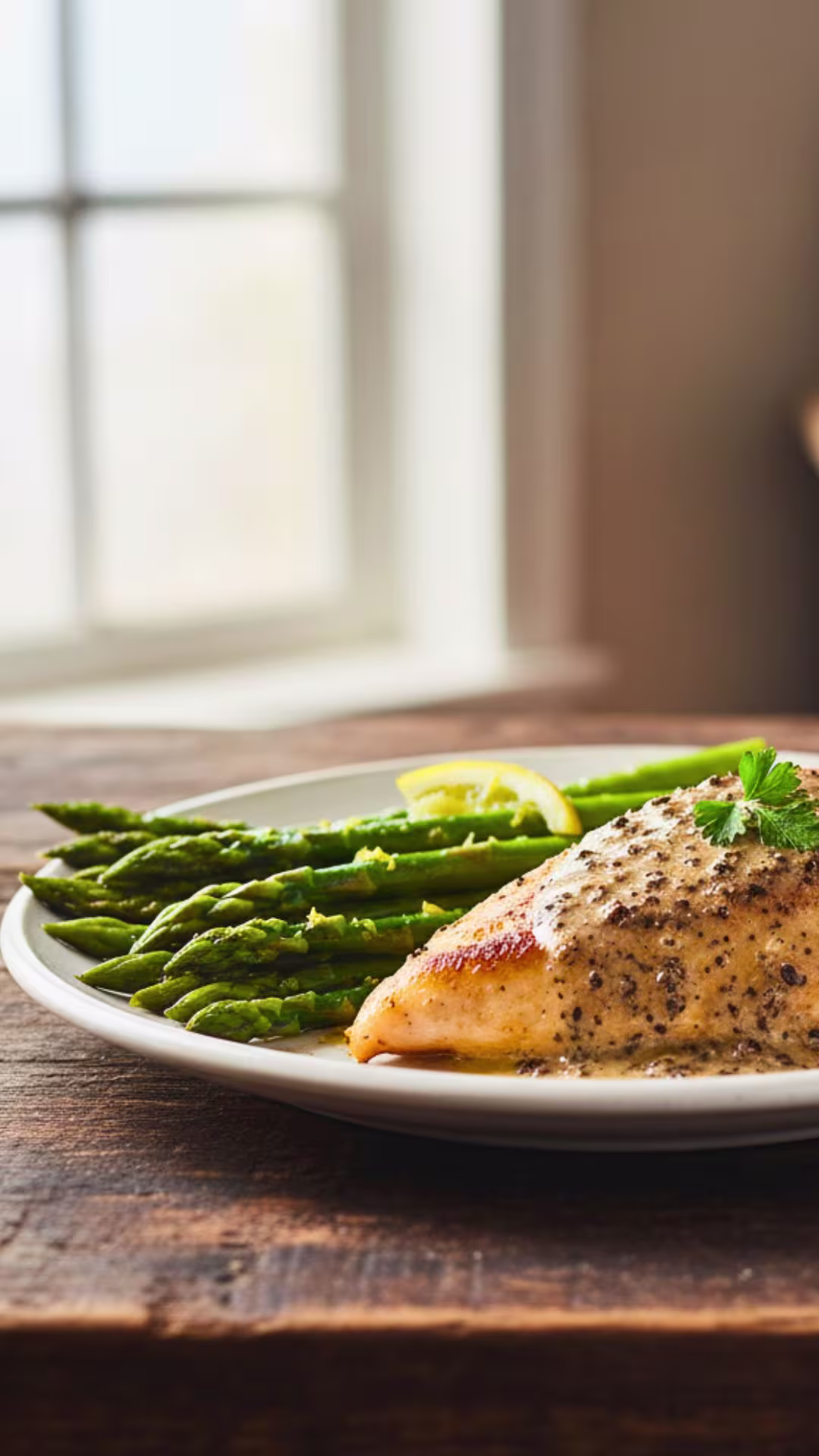 Roasted asparagus with lemon pairs with chicken au poivre