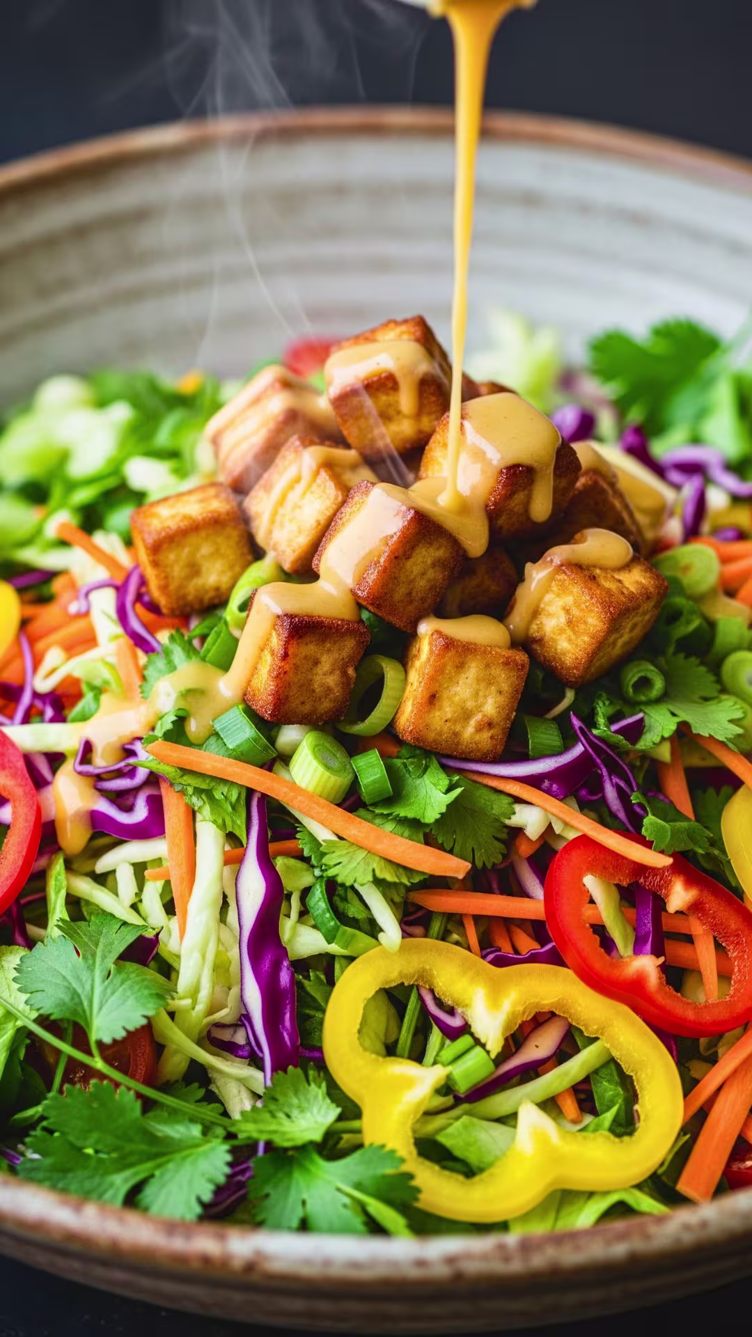 Tossing Vietnamese cabbage salad with tofu and dressing