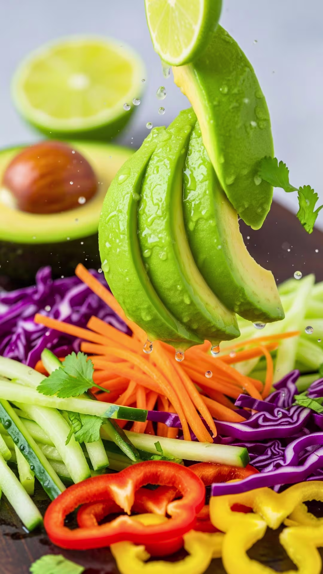 Sliced avocado and julienned vegetables for rolls
