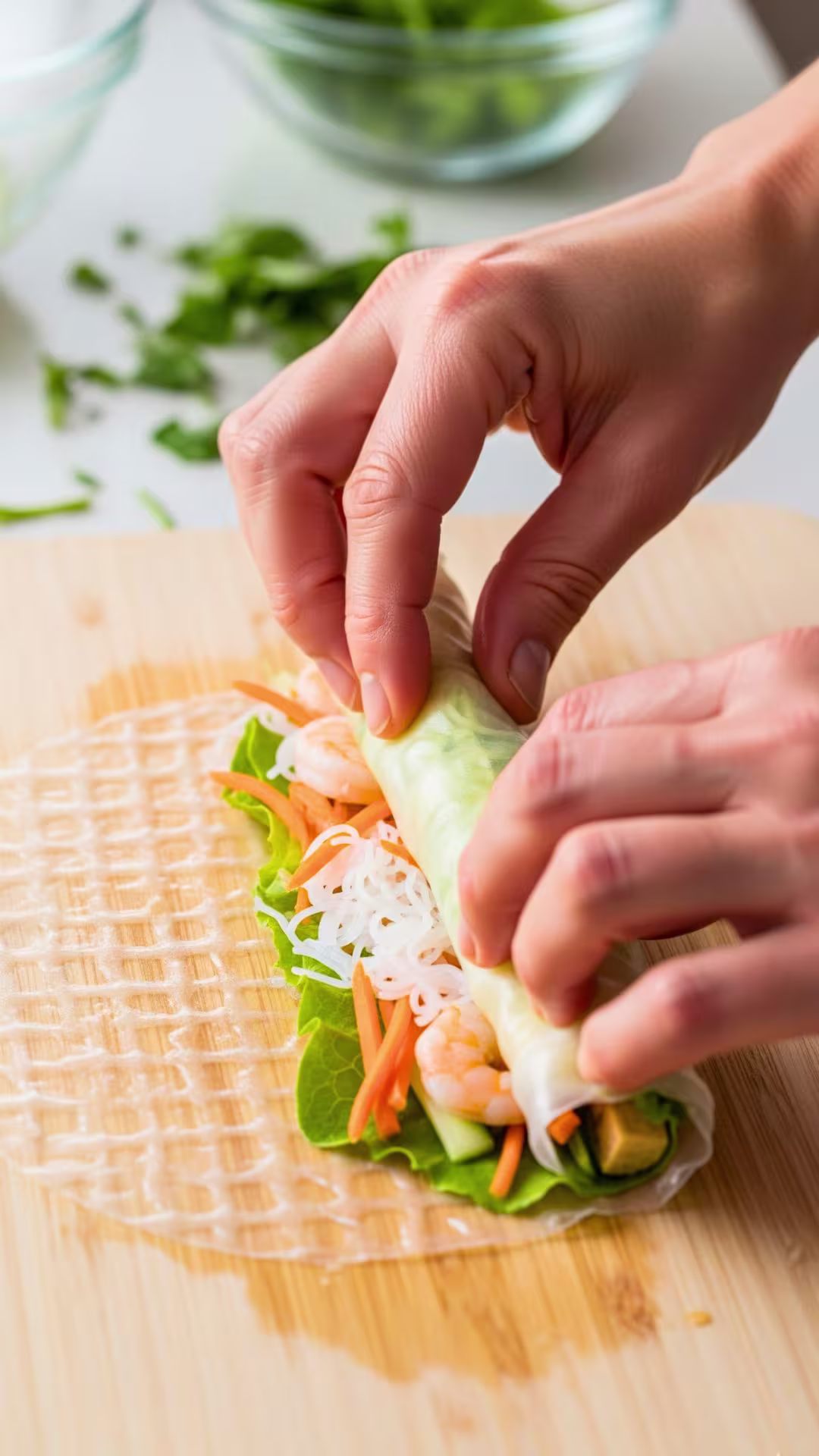 Rolling shrimp and avocado rolls tightly