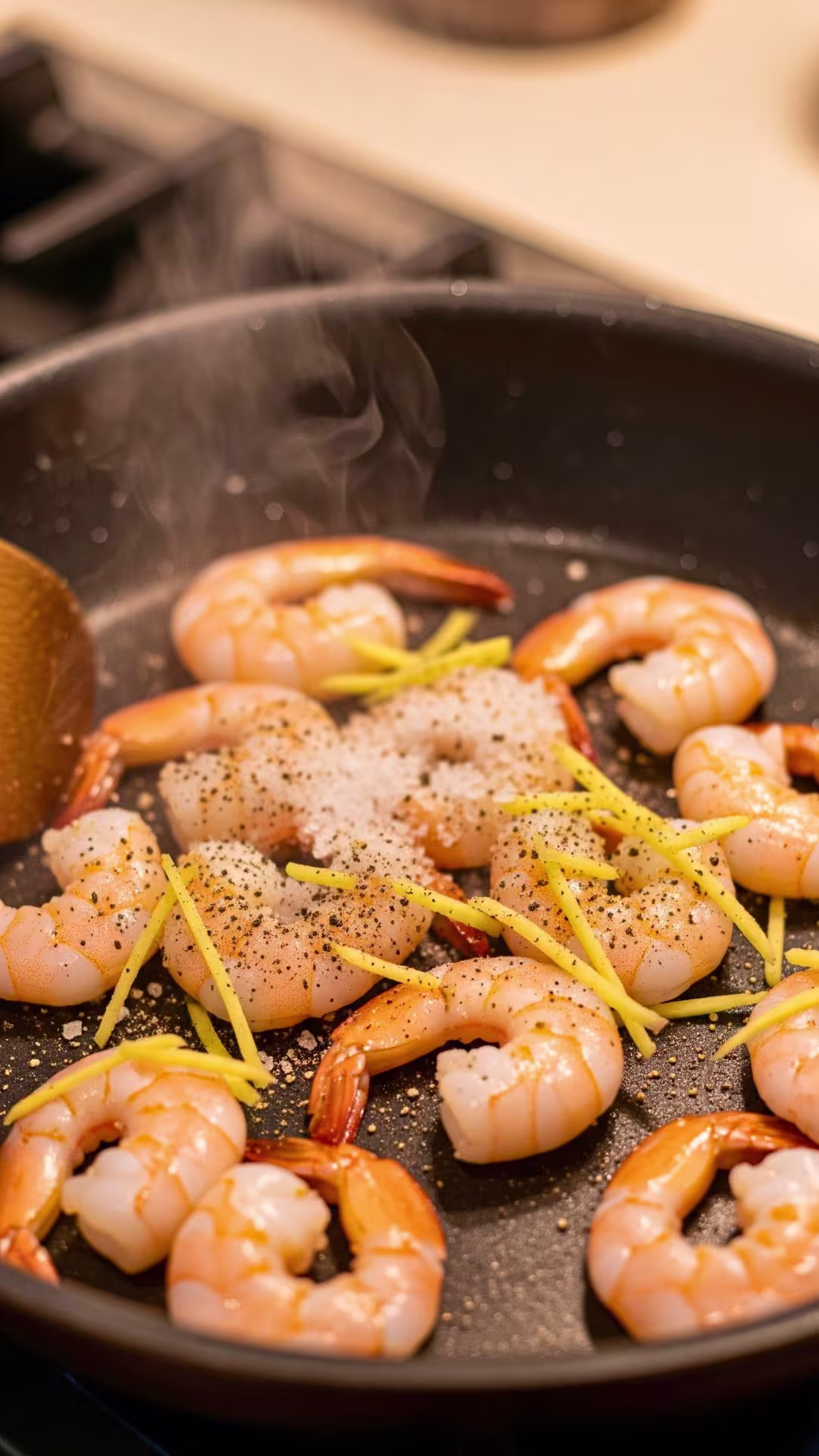 Cooking shrimp in a pan for shrimp avocado rolls