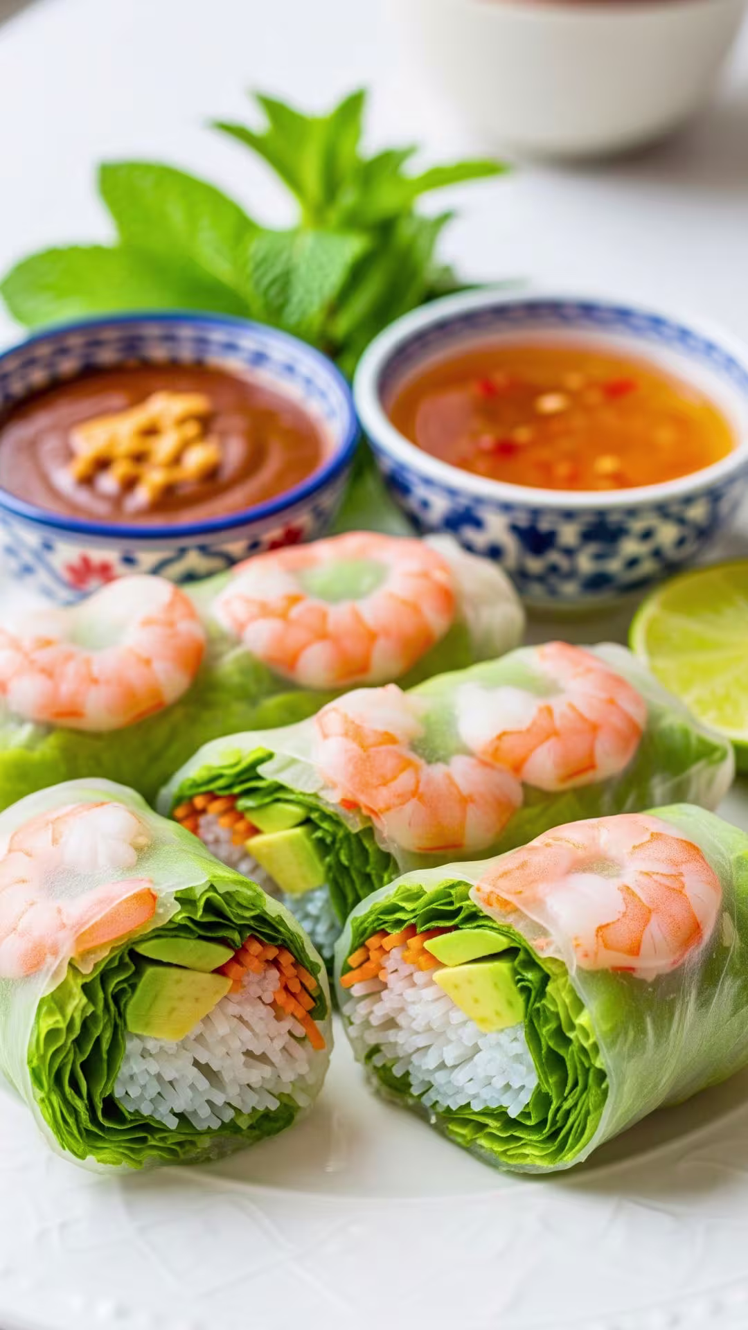 Sliced shrimp avocado rolls with dipping sauces