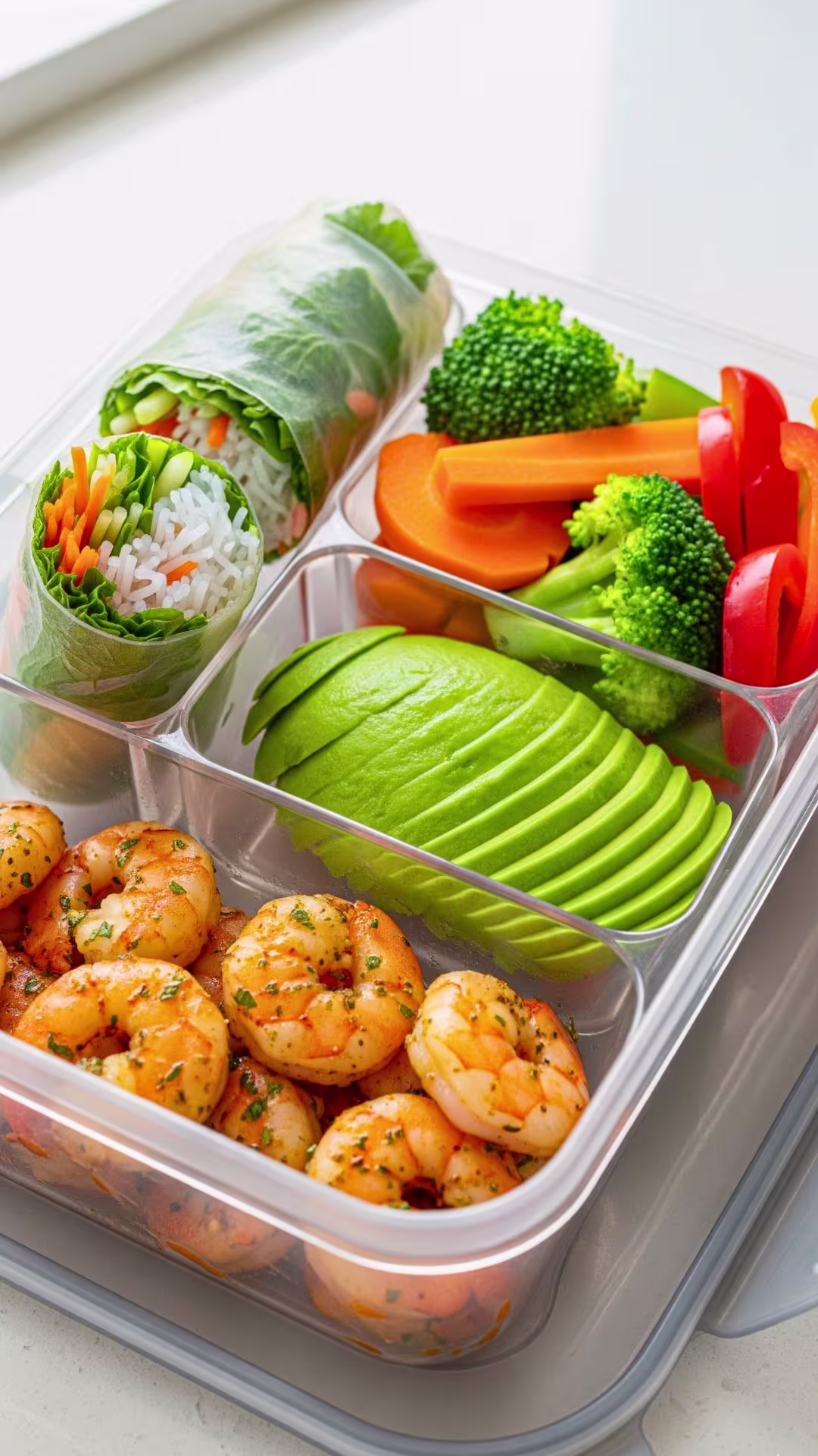 Meal prep storage for shrimp avocado rolls