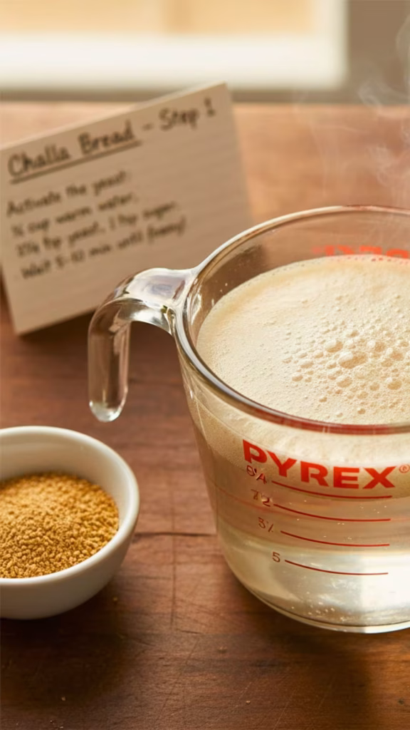 Activating yeast in warm water for challah bread