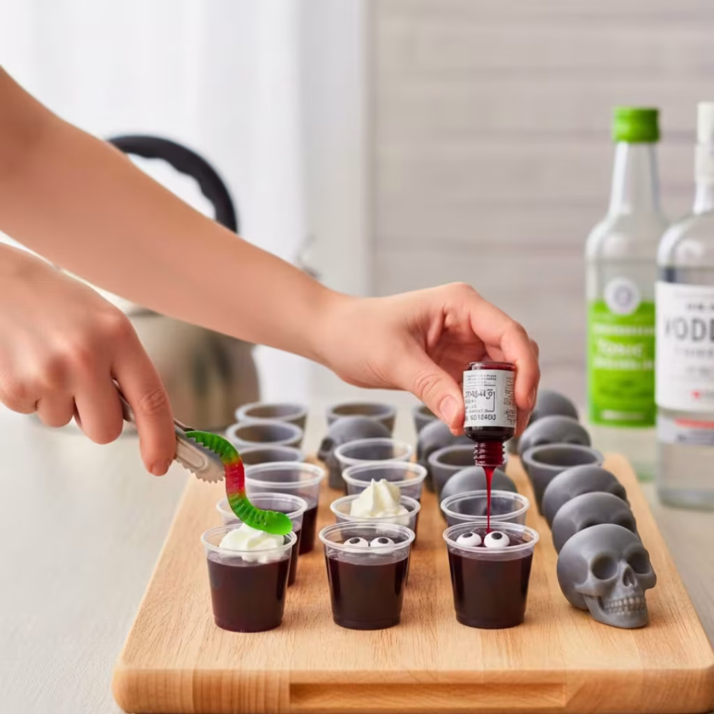 15 Halloween Jello Shot Recipes That’ll Spook Your Party (Fun, Easy & Boozy!) 43 Finished jello shots with gummy worms and candy eyes