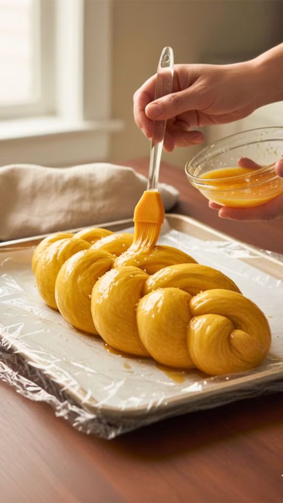 Golden challah straight out of the oven with a shiny crust