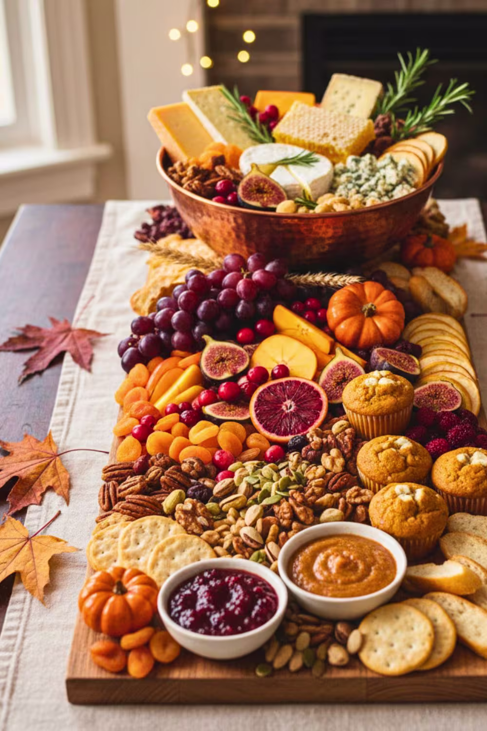 Festive Thanksgiving snack board with cheese, fruit and nuts