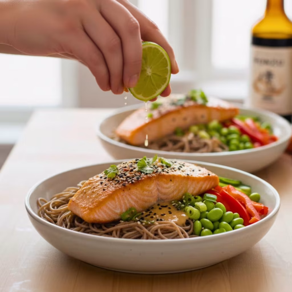 Sesame Salmon Noodle Bowls with Ponzu Sauce | Quick, Healthy & High-Protein Asian Dinner 26 Final garnish and serve