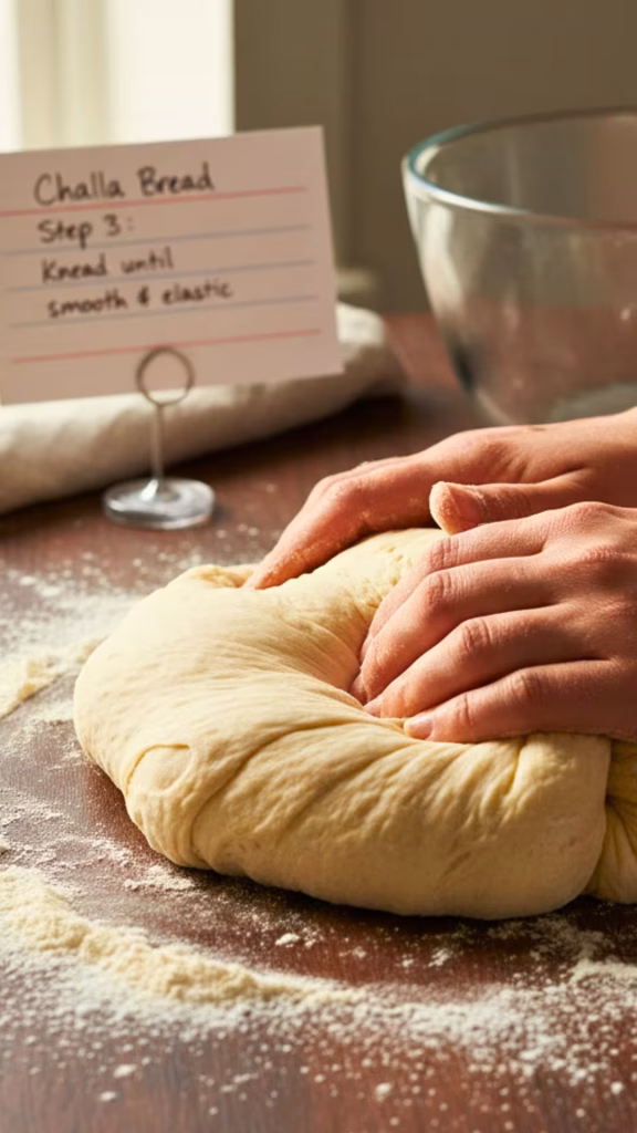 Kneading challah dough on a floured surface