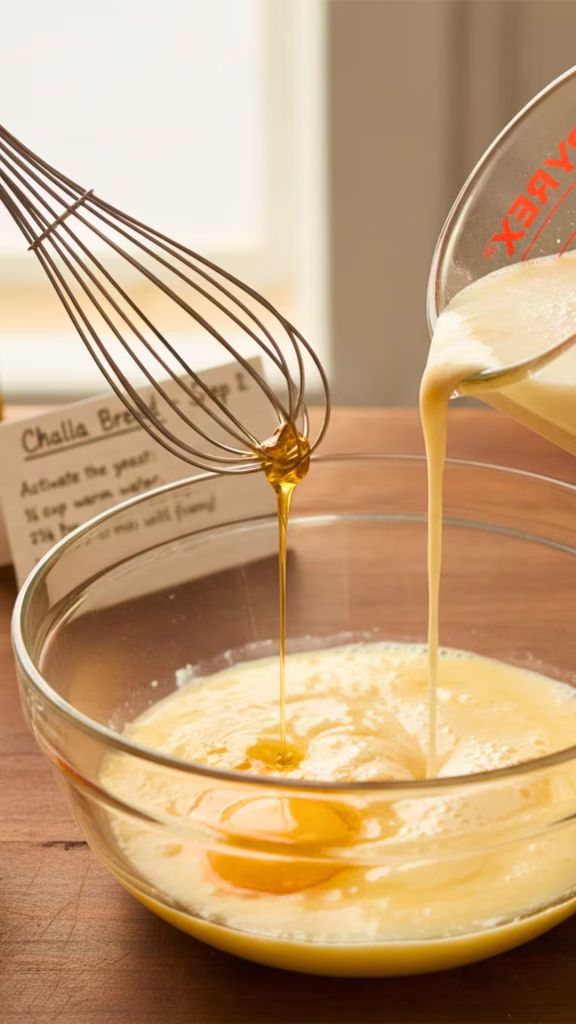 Mixing challah dough ingredients in a bowl