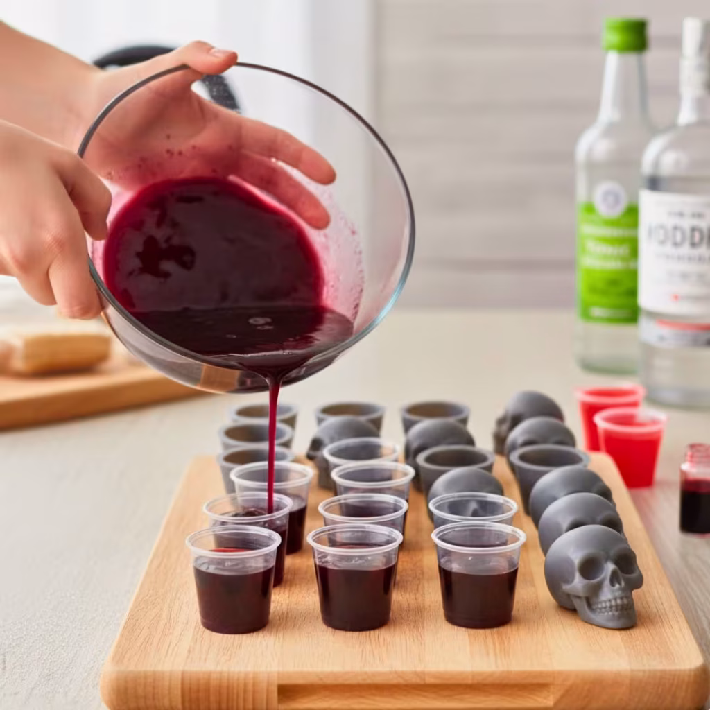 15 Halloween Jello Shot Recipes That’ll Spook Your Party (Fun, Easy & Boozy!) 42 Pouring jello mixture into mini clear shot cups