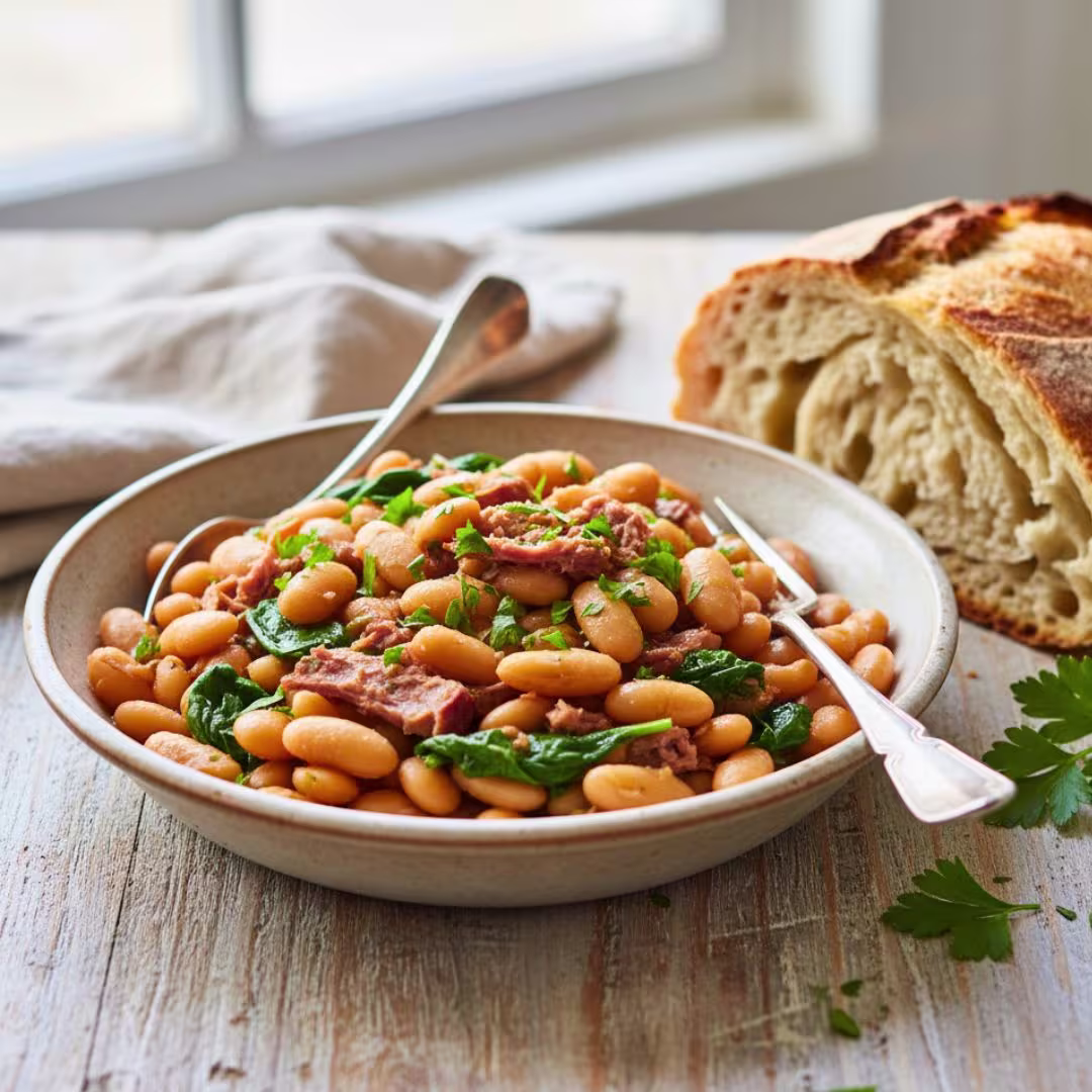 Porchetta Beans served with crusty bread and fresh parsley