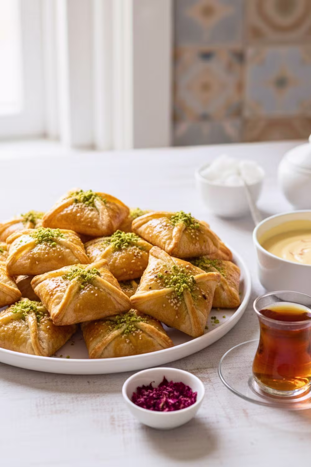Shirini Danmarki Recipe | Authentic Persian Danish Pastry (Iranian Sweet Pastry) 11 Shirini Danmarki served with Persian tea