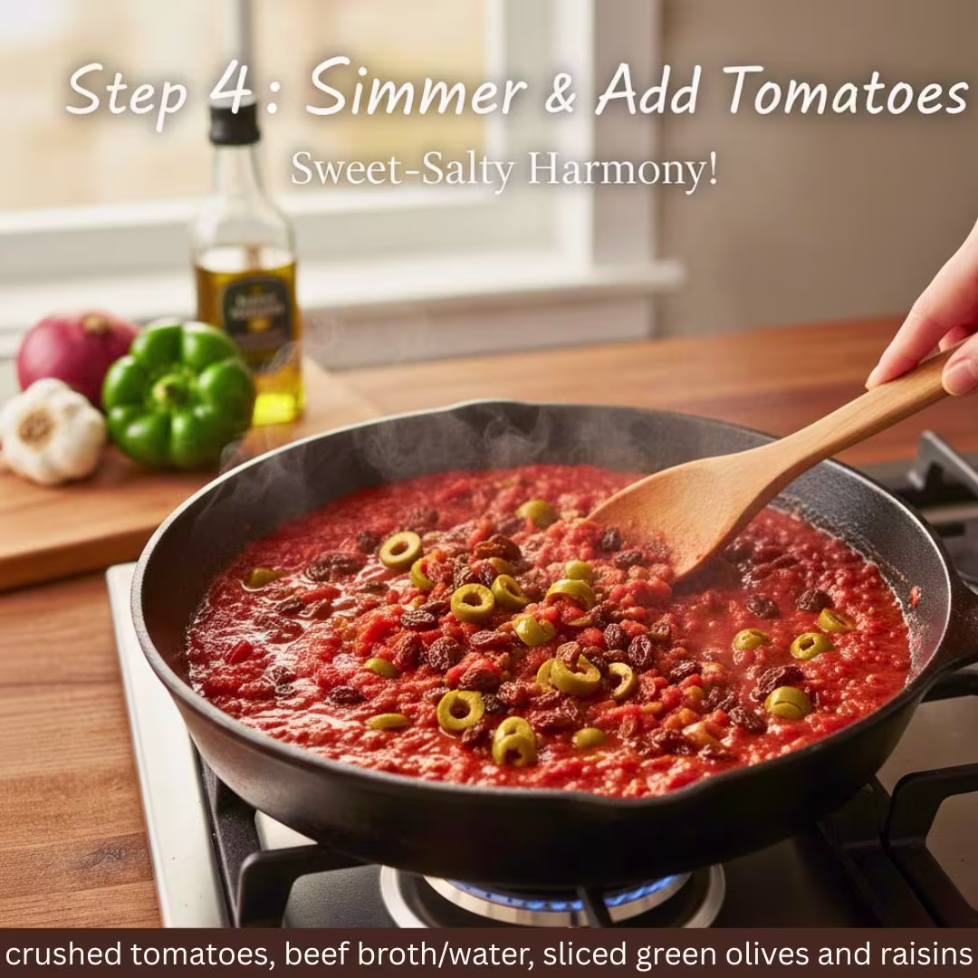 Classic Cuban Picadillo Recipe – Easy, Flavorful & Healthy 17 Tomatoes, olives and raisins being combined for picadillo