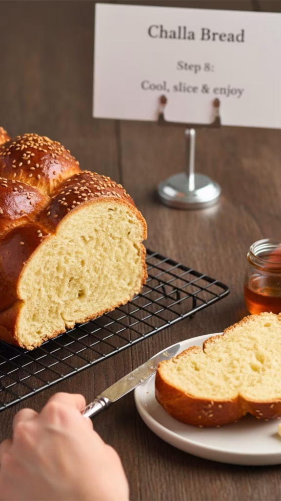Sliced challah on a cooling rack