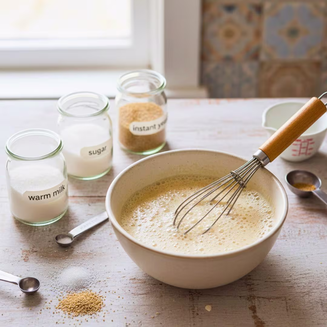 Shirini Danmarki Recipe | Authentic Persian Danish Pastry (Iranian Sweet Pastry) 14 bowl of warm milk and yeast bubbling