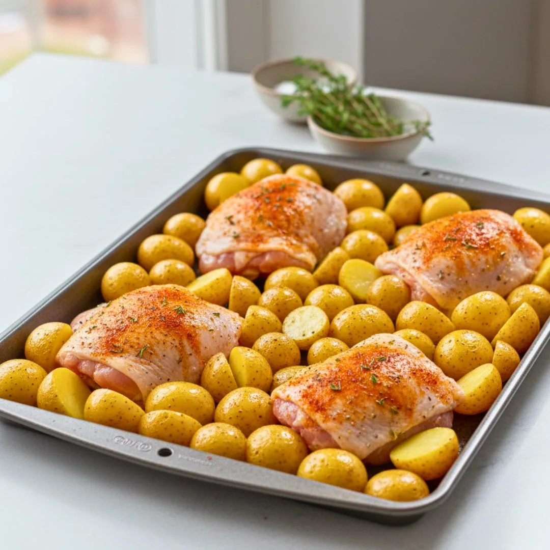 One-Pan Chicken With Golden Potatoes | Easy, Healthy, and Delicious Family Dinner 17 Arrange seasoned chicken and potatoes evenly on a sheet pan