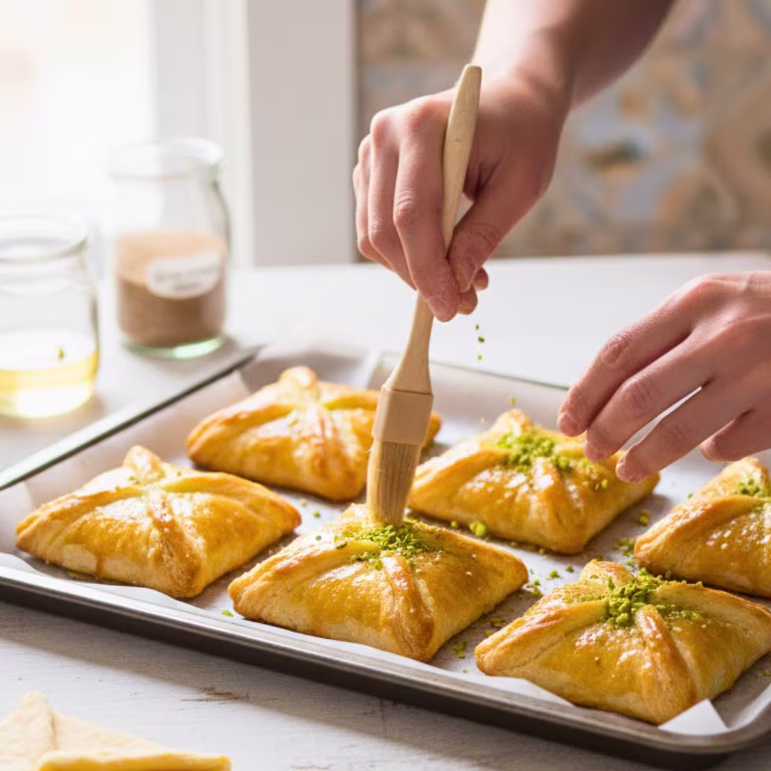 Shirini Danmarki Recipe | Authentic Persian Danish Pastry (Iranian Sweet Pastry) 18 golden baked Shirley Danmarki on tray