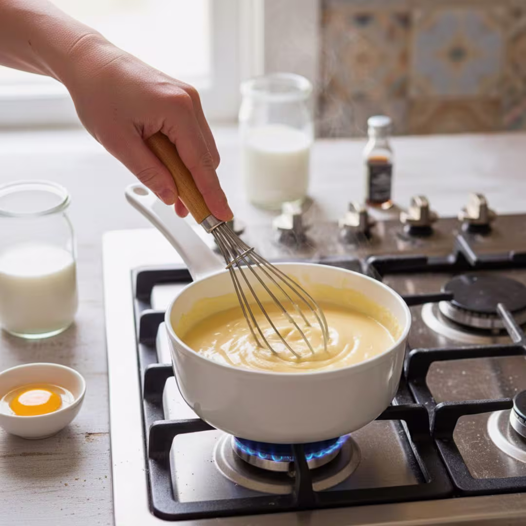 Shirini Danmarki Recipe | Authentic Persian Danish Pastry (Iranian Sweet Pastry) 16 creamy custard cooking in a saucepan