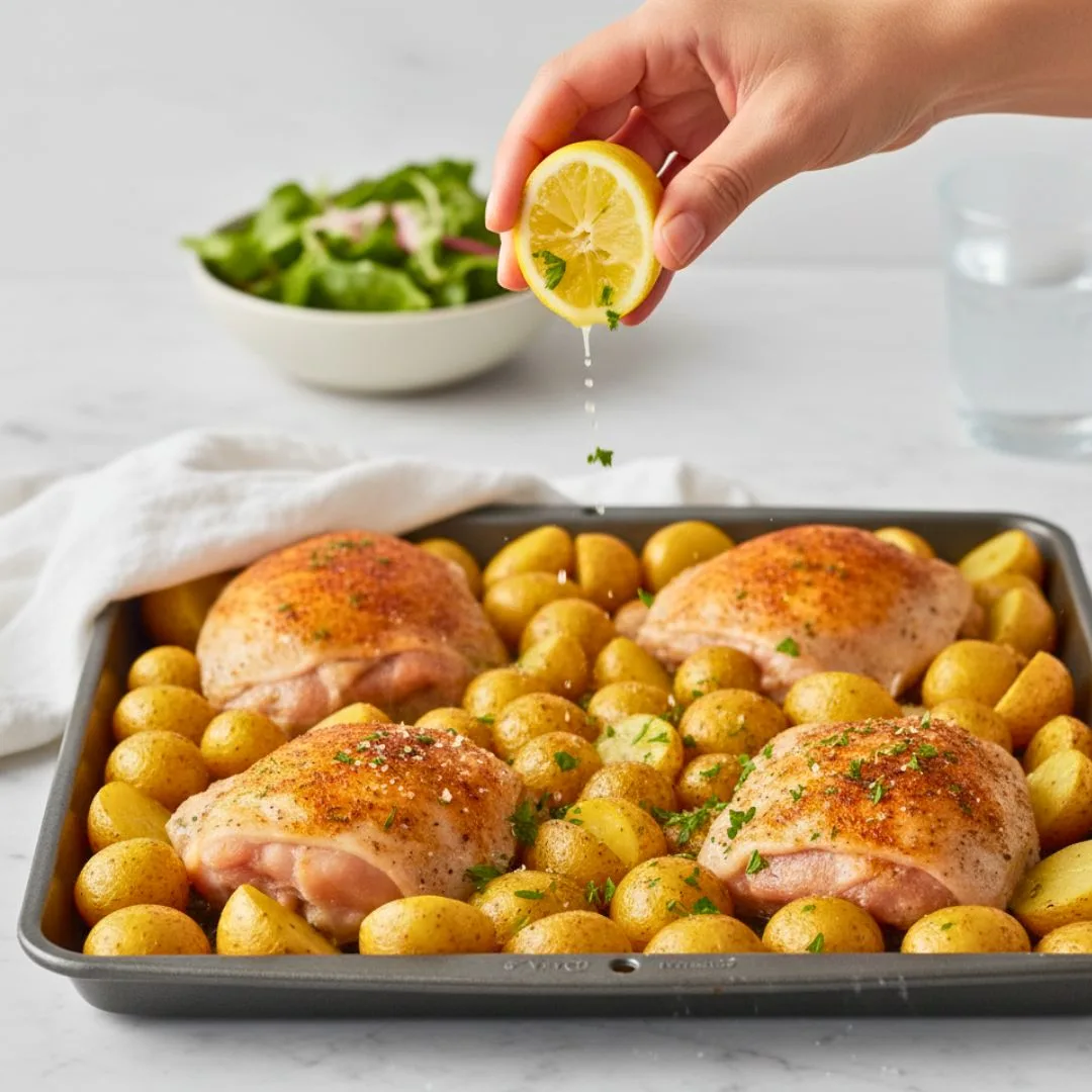 One-Pan Chicken With Golden Potatoes | Easy, Healthy, and Delicious Family Dinner 20 Garnish roasted chicken and golden potatoes with fresh parsley and lemon