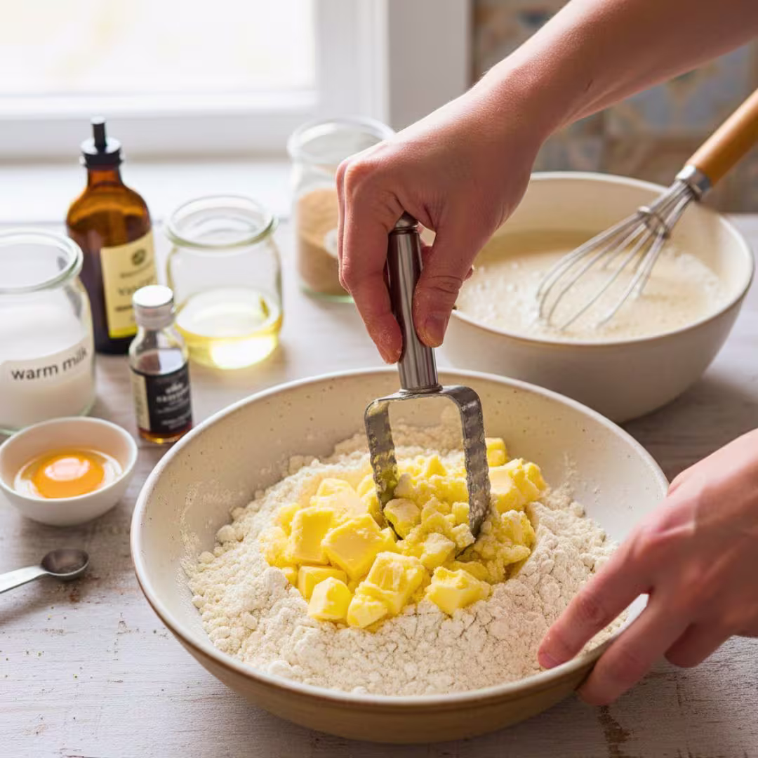 Shirini Danmarki Recipe | Authentic Persian Danish Pastry (Iranian Sweet Pastry) 15 mixing flour and cold butter to make crumbly dough
