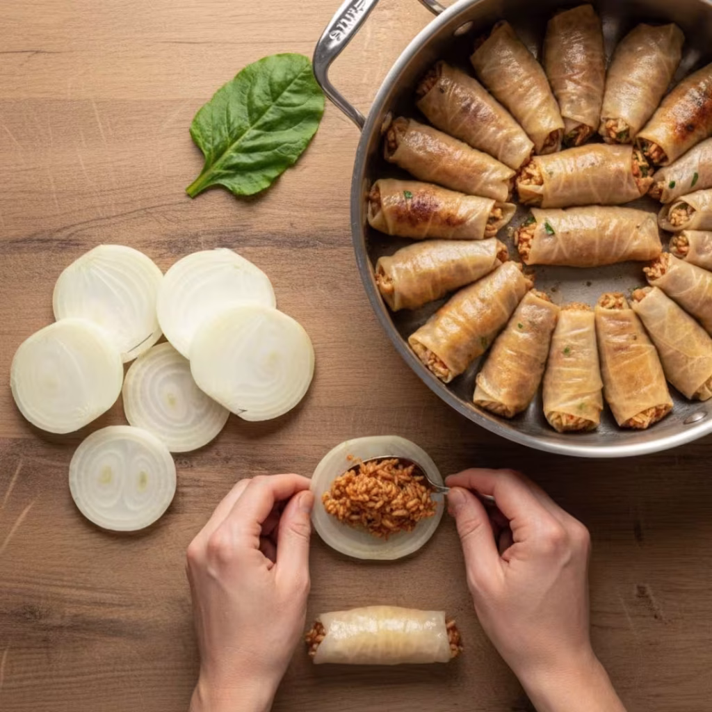 Authentic Onion Dolma Recipe: Delicious Middle Eastern Stuffed Onions 13 Rolling and stuffing onion layers with rice mixture for dolma