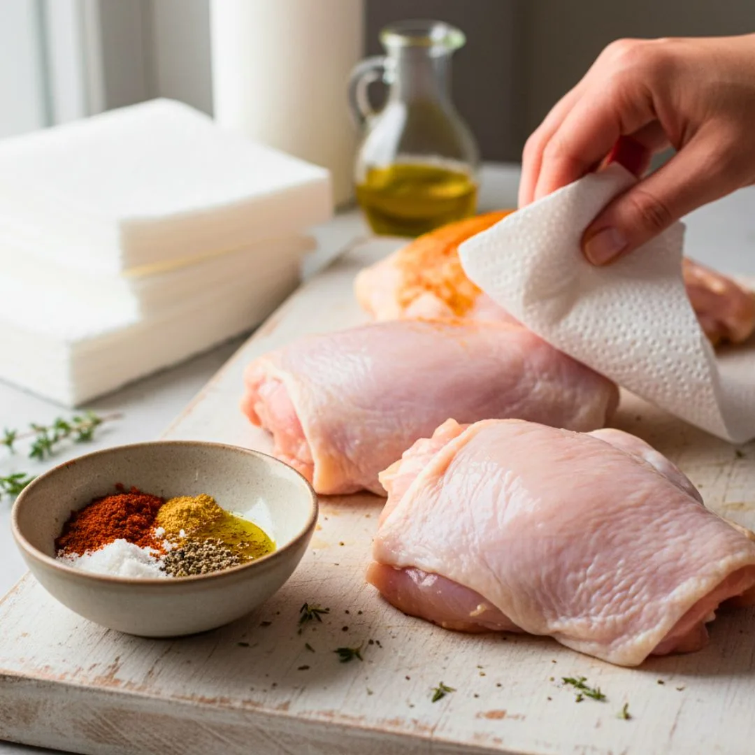 One-Pan Chicken With Golden Potatoes | Easy, Healthy, and Delicious Family Dinner 15 Pat chicken thighs dry on a paper towel before seasoning