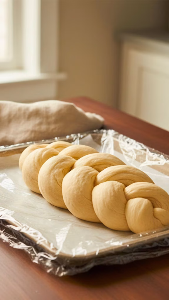 Braided challah loaf proofing on a baking sheet